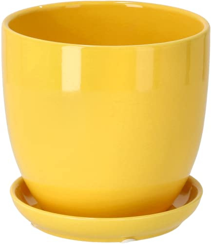 KOTARBAU® Macetero con Plato de Ceramica esmaltada, 20 cm, Maceta para Interiores y Exteriores, Tiesto Decorativo para Plantas, Amarilla con Plato y Orificio de Drenaje