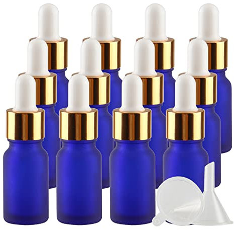 ZEOABSY 24 Stück 10 ml Gefrostet Blauglas Pipettenflasche mit Gold Pipettenring, Leere Glasflasche Glastropfer Glaspipette Tropfflaschen für Ätherische Öle Aromatherapie + 4x Trichter