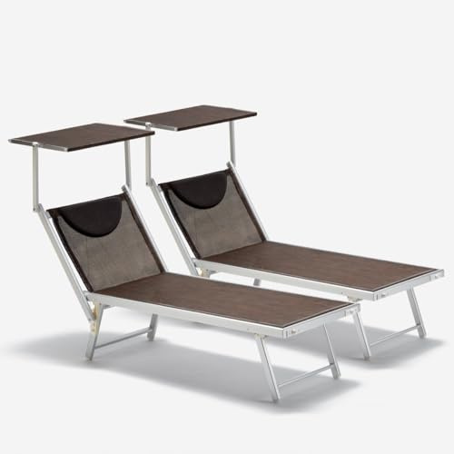 Produce Shop 2 Tumbonas Plegables de Aluminio con Parasol para Playa - Santorini Limited Edition - Chocolate - Marrón Santorini