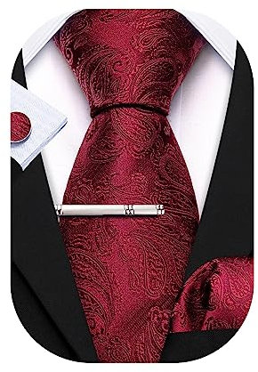 Barry.Wang Herren Krawatte Seide Set Florale Paisley-Krawatte Einstecktuch Manschettenknöpfe im Krawattenklammer Feierliche Hochzeit Party