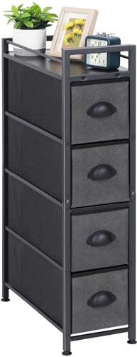 LIANTRAL Cómoda vertical delgada con 4 cajones de tela, torre de almacenamiento de gran capacidad para dormitorio, sala de estar, baño, entrada, espacio estrecho, negro y gris oscuro