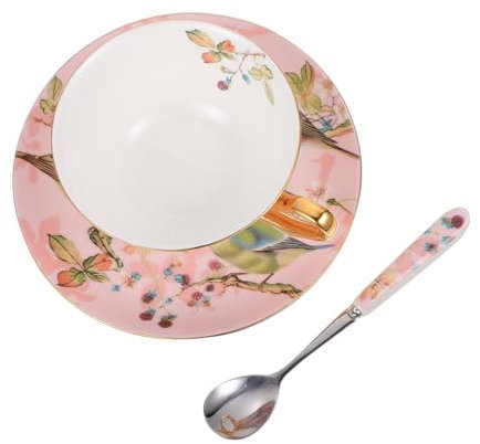 LABRIMP Ceramic Coffee Mug and Saucer Set Spoon, 1 Cup 1 Saucer 1 Spoon, Bone China European Style, Suitable for Home and Café Use