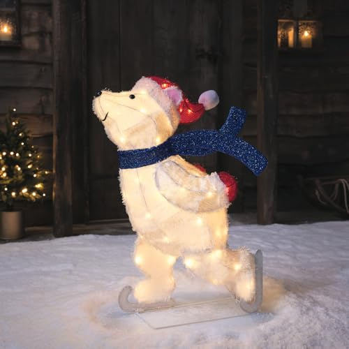 Lights4fun Orso Polare di Pattinaggio su Ghiaccio Luminoso con 35 LED Bianchi Caldi a Pile con Timer Figura Natalizia da 60 cm Decorazione per Interni ed Esterni