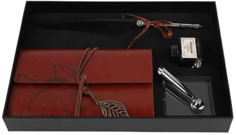 DUddTTW Füllfederhalter Füllfederhalter-Set, Leder-Notizbuch mit Feder-Tauchstift-Tintenfass, antiker Füllfederhalter, Schreibfeder, Schreibwaren, Geschenkbox Stabilisieren