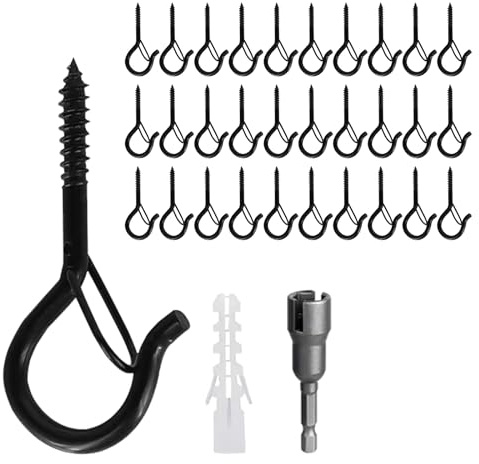 KUKUJIWA 30 Piezas Gancho de Tornillo de Acero Inoxidable con Hebilla de Seguridad, Ganchos de Techo y Pared para Colgar Plantas, Luces, Decoraciones Navideñas y Cestas Colgantes (Negro)