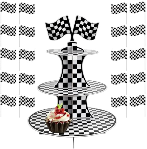 Soporte para cupcakes de carreras de 3 pisos, con 5 piezas, diseño de bandera de carreras a cuadros, suministros para fiestas, cupcakes, torre para cumpleaños, fiestas, panecillos, tartas