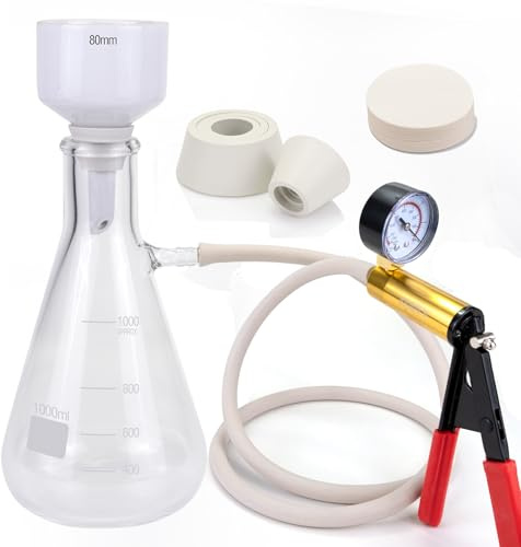 Set Imbuto Büchner e Pallone da Filtrazione da 1000 ml, Pompa a Vuoto Manuale, Imbuto Buchner da 80 mm, 100 pezzi di Carta Filtrante, Tubo di Gomma e Tappi