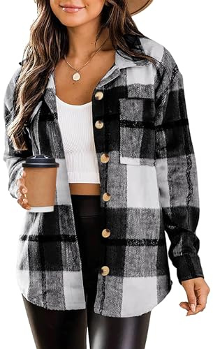 Zeagoo Blusa de franela a cuadros de manga larga para mujer, con botones, a cuadros, chaqueta de camisa con bolsillo, chaqueta informal a cuadros, otoño 2025, S-XXL, gris, XXL