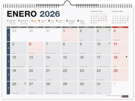 Miquelrius - Calendrier mural 2026 complet, organiseur annuel A3 : 420 x 296 mm, avec espace pour noter, reliure spirale double, planificateur 12 mois, espagnol