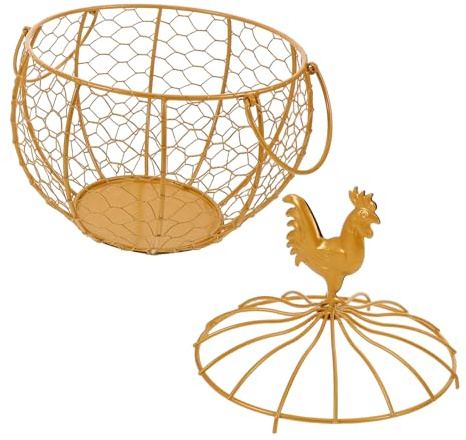 FUNNETOYU Cestino Portauova in Filo Metallico Dorato con Coperchio a Forma di Gallina Organizer Rustico da Banco per Cucina e Feste Contenitore Multifunzione per Uova e Snack
