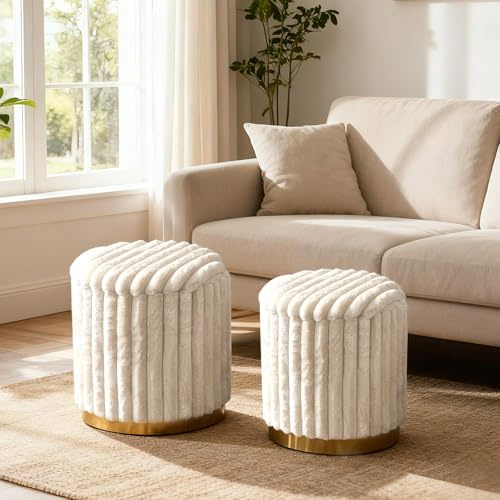 GIANTEX Set med 2 sittpuff och ottoman Rund 32L + 21L Sittpuff och fotstöd Stoppad med kaninpäls med avtagbar lock och dold behållare Stapelbara tabureter för vardagsrum och sovrum, Beige