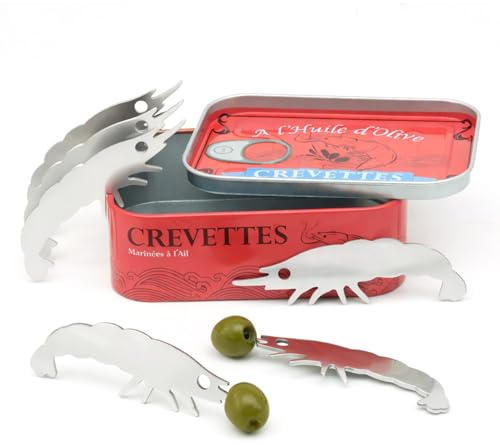 CKB LTD Räkor Snack Gaffelset i tenn – set med 6 matgafflar i rostfritt stål för tapas, oliver och escargot – retro skovetter tenn present – cocktailplektrum för fisk och skaldjur, aptitretare