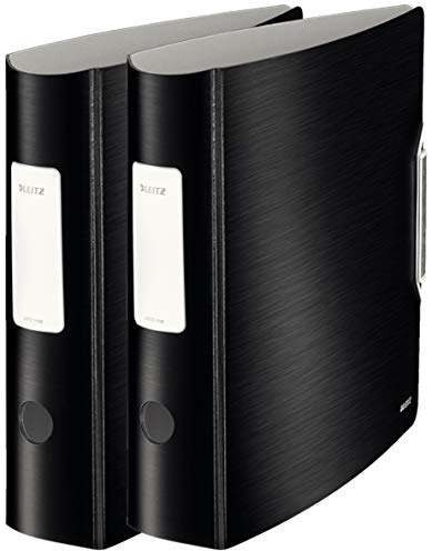Leitz Qualitäts-Ordner 180° Active Style in gebürsteter Alu-Optik, A4, runder Rücken, 8,2 cm Breite, Gummibandverschluss (2er Pack, Satin-Schwarz)