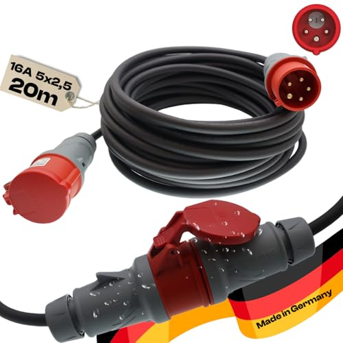 CEE Starkstromkabel Starkstromverlängerung Verlängerungskabel Starkstrom Gummiverlängerung H07RN-F 5X2,5mm² Phasenwender 5P 16A 400V Kraftstromkabel Außenbereich 20m