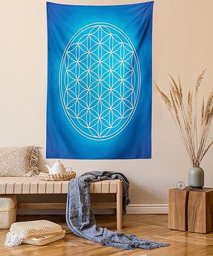 ABAKUHAUS Geometrie Wandteppich, Blume des Lebens Gittermuster bestehend aus Typen überlappenden Kreisen Thema, aus Weiches Mikrofaser Stoff Wand Dekoration Für Schlafzimmer, 110 x 150 cm, Blau Weiß