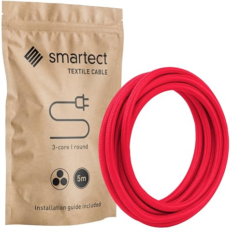 smartect Textilkabel 3-Adrig (3 x 0.75 mm²) Rot, 5 Meter | Vintage Lampenkabel Stoff, Stromkabel textilummantelt für eigenes DIY Projekt