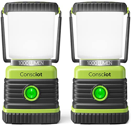 Consciot LED Battery Powered Camping Lantern, 1000LM, 4 Light Modes, IPX4 Waterproof Portable Tent Flashlight for Power Outages, Emergency, Hurricane, Hiking, Light Green, 2-Pack
