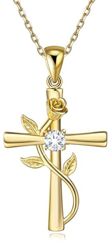 BlingGem Ketten Damen aus Gelbgold vergoldet 925 Sterling Silber mit Rundschliff Zirkonia Kreuz Rosen-Blume Anhänger Halskette Frauen,18 Inch