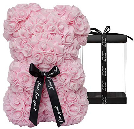 DuHouse Rosen Bär Teddybär, Handgemacht Blumenbär Deko, Hellrosa | 25,4 cm Schaumstoff Rosenbär mit Geschenkbox, Für Valentinstag, Jahrestag, Muttertag, Weihnachten, Geburtstage & Hochzeit