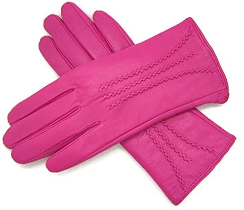 Damen-Handschuhe, sehr weich, Kunstleder, gefüttert, gestreift, schmale Passform, Größe L, Magenta Pink