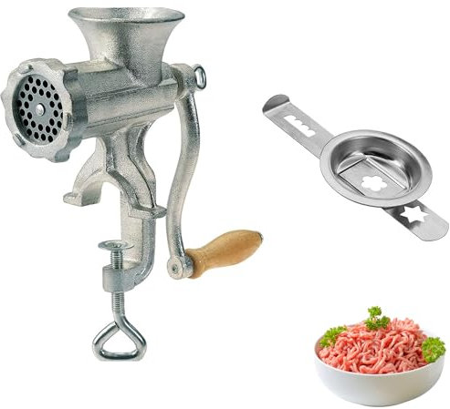 Westmark Fleischwolf-Set, 2tlg., 1 Fleischwolf + 1 Spritzgebäckvorsatz, Größe 8, inkl. Schraubzwinge für Tischmontage, Verzinnter Stahlguss/Edelstahl/Holz, Silber, 975222E6