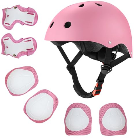 Kids Bike Helmet for Ages 2-14, Adjustable Safety Toddler Helmet with Protective Gear Set, Skateboard Scooter Helmets with Knee Elbow Pads Wrist Guards (Pink, Medium (for Ages 8-14))