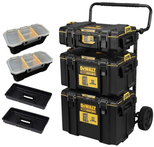 DEWALT TOUGHSYSTEM 2 0 – 4-in-1 Modular Storage Solution Includes toolbox organizer tote and rolling box Durable stackable and ideal for jobsite organization