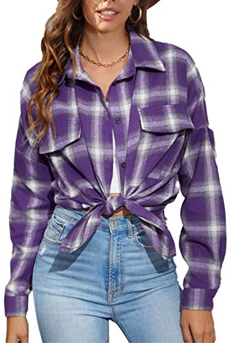 Zontroldy Womens Flannel Plaid Shirts Oversized Lightweight Buffalo Plaid Button Down Shirt Blouse Tops (0355-02Purple-XXL)
