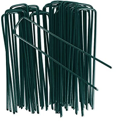 OUNUO Ground Anchors, Galvanised, Anti-Rust, 150 mm Long x 25 mm Wide, Diameter 3 mm, U-shaped Ground Anchor for Weed Control Fabric, Garden Fence, Camping, Garden (100, Green)