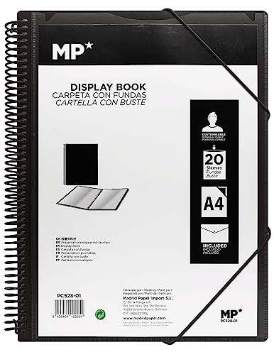 MP Carpeta 20 Fundas Transparentes Espiral Gomas Cierre Sobre Botón Académico Oficina Negro