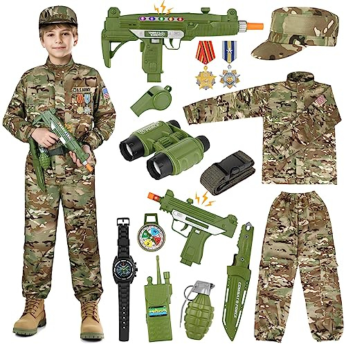 GIFTINBOX Army Costume for Kids, 15PCS Soldier Military Costume Dress Up Role Play Set with Army Accessories, Halloween Costumes for Boys 3-13, Halloween Birthday Gift for Kid