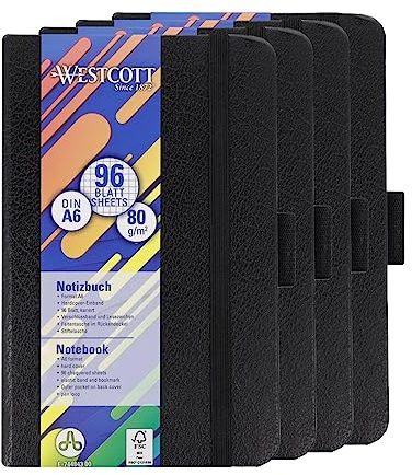 Westcott Notizbuch DIN A6 kariert (4 Stück) | 4-er Pack mit je 192 Seiten im edlen Hardcover-Einband | 80 g/m² nachhaltiges FSC-Mix Papier | mit Innentasche, Lesezeichen & Stifthalter | E-744843 00