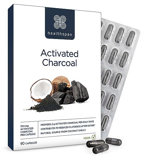 Healthspan Activated Charcoal (90 Capsules) | Contributes to Reduced Flatulence After Eating | 334mg Activated Charcoal per Capsule | Natural Source from Coconut Shells | Vegan