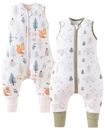 Chilsuessy Baby Schlafsack mit Beinen 1.5 Tog Schlafsack 2er Pack 100% Baumwolle Ganzjahres Schlafsack mit Füßen Babyschlafsack Kinder, 1.5 Tog Eichhörnchen + Waldbär, 90cm/Baby Höhe 95-105cm