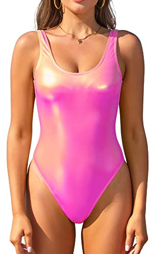 SHEKINI Maillot de bain une pièce métallique brillant à encolure dégagée dos nu pour femme - Maillot de bain une pièce non rembourré à dos bas, rose fluo, L