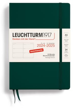 LEUCHTTURM1917 370629 Veckokalender 2025, medium A5 inbunden – 18 månaders planerare, 80 g, linjerad – skogsgrön