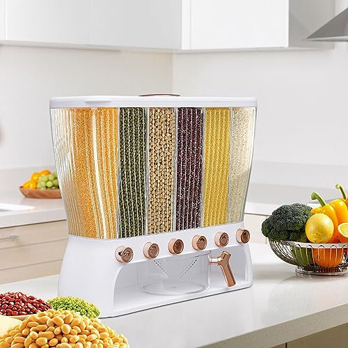 Kanbihao Dispenser per cereali, 6 griglie, dispenser per cereali, dispenser per cereali, con coperchio, dispenser per riso da cucina, dispenser ermetico