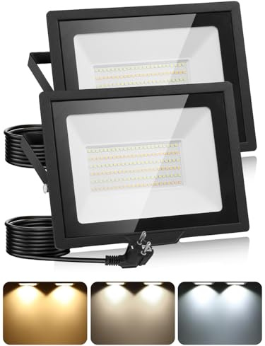Litglobe 100W LED Strahler Außen mit Stecker & 1.5M Kabel,3000K/4500K/6500K LED Scheinwerfer mit Speicherfunktion,10000LM IP66 Wasserdicht Fluter Flutlichtstrahler für Hof Garten Garage Sportplatz