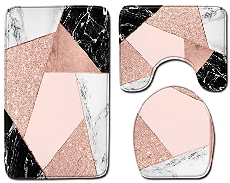 Bad Teppiche Set 3-Teiliges Geometrisch Rosa Schwarz WC Vorleger Mit Ausschnitt Badematte Saugfähig WC Deckelbezug Badvorleger rutschfest Waschbar Toilettensitzbezug Badgarnitur (50x80cm)