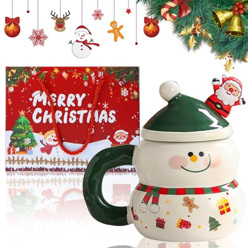 FairyPeach Tazza Natalizia Mug, Tazza di Caffè di Natale da 400ml con Coperchio e Cucchiaio, Tazzine Caffe Ceramica di Babbo Natale, Decorazione Regalo Natale (XR)