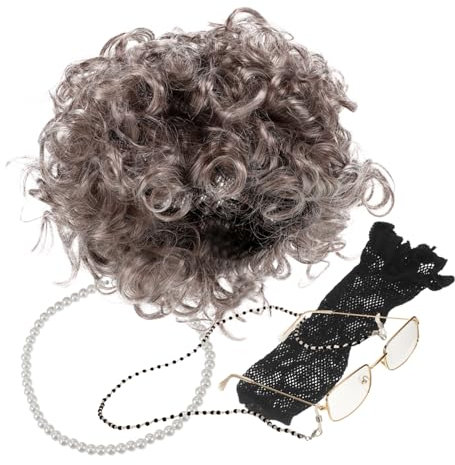 WRITWAA 1satz Großmutter Kostüm Set Mit Perücke Brille Kette Und Halskette Für Karneval Und Halloween Realistische Perücke Für Cosplay Und Bühnenauftritte