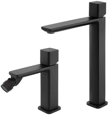 Set Miscelatori Per Lavabo Alto E Bidet Con Manopola Senza Leva In Ottone Nero Opaco Della Linea Lotus, Completo Di Pilette Click Clack E Kit Di Montaggio