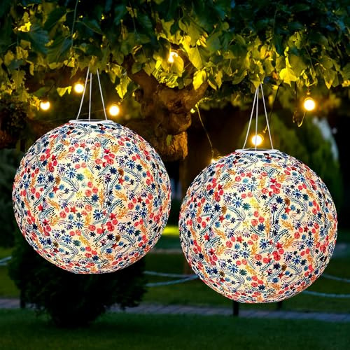 Lampions Solar Außen, 2 Stück 25cm Solar Lampions Außen Wetterfest, solar LED Laterne Wasserdicht Nylon, Solarlampions für außen Hängend, für Draußen, Garten, Hof, Hochzeit