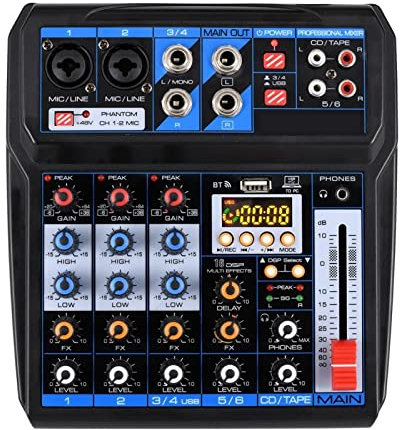 EDEDE Mezclador de Audio, Fuente de alimentación de 5V Grabación USB Grabación de computadora Tarjeta de Sonido 6 Canales 2 Mono 2 Estéreo 16 Mezclador de Efectos para Fiestas
