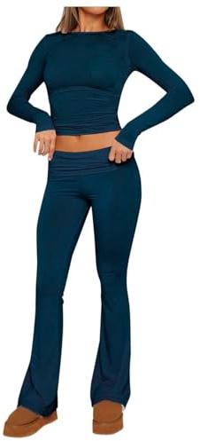 Generisch Damen Baumwoll Loungewear Set Oberteil Y2k Enge Schlaghose Set GeschnitteneYoga Trainingsanzug Zweiteiliger Outfit Schmal Lounge Set