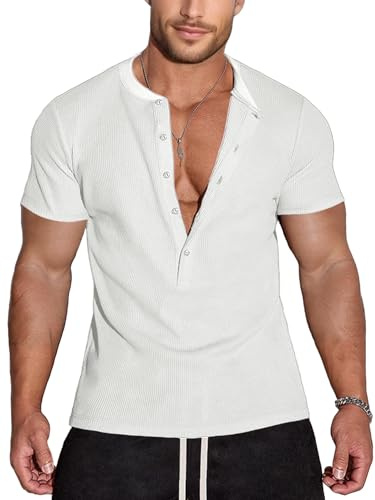 Agilelin Hombres Henley Camiseta,Diseño de Gofre y 5 Botones,Shirts Cuello Redondo Manga Corta（White/M）