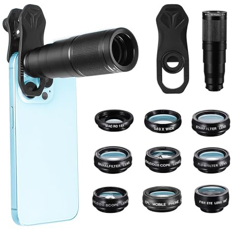 10 in 1 Handy Objektiv Kamera Linse Kit,Handy makro objektiv Set,Weitwinkel&Makroobjektiv,Teleobjektiv,Fisheye objektiv,Kaleidoskop/CPL/Flow/Star/Radial Filter für die meisten Smartphones