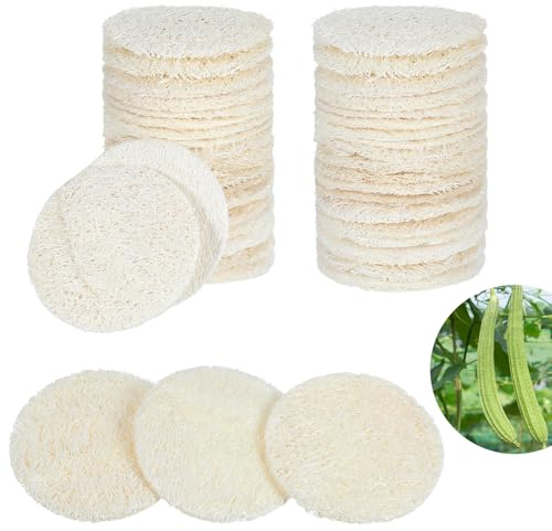 Nogeqi 30 Pcs 2.17 Inch Natural Loofah Sponge Pads for Washing Face, Exfoliating Body Facial Scrub Pads for Makeup & Dead Skin Removal Cleansing Skin for Women and Men