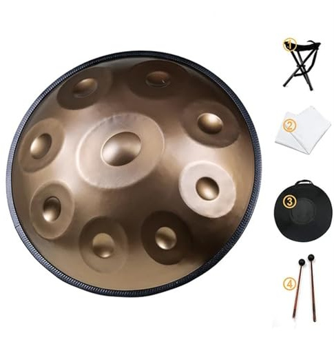 Handpan-Trommel in D-Moll, Kurde, 9, 10, 12 Noten, 440 Hz, 55,9 cm, Stahlhandtrommel mit Rand, gewebtes Rattan für professionelle Leistung für Musikheilung (55,9 cm, 9 Noten)