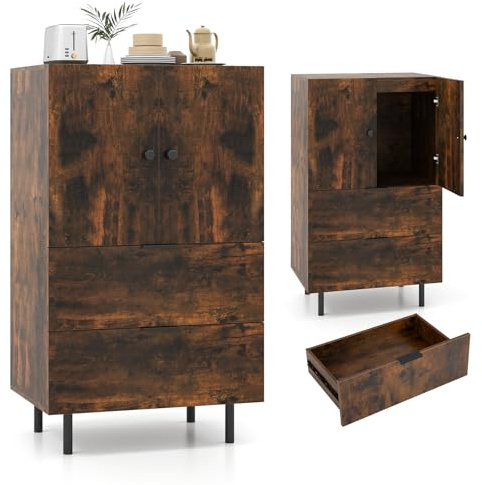KOMFOTTEU Sideboard Holz, Buffetschrank mit 2 Schubladen und Schrank mit Türen, Aufbewahrungsschrank mit Metallbeinen, Servierschrank für Wohnzimmer, Esszimmer, Flur, 60 x 42 x 102 cm (Braun)